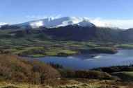 Bassenthwaite Lake and snow-covered Skiddaw seen from Sale Fell